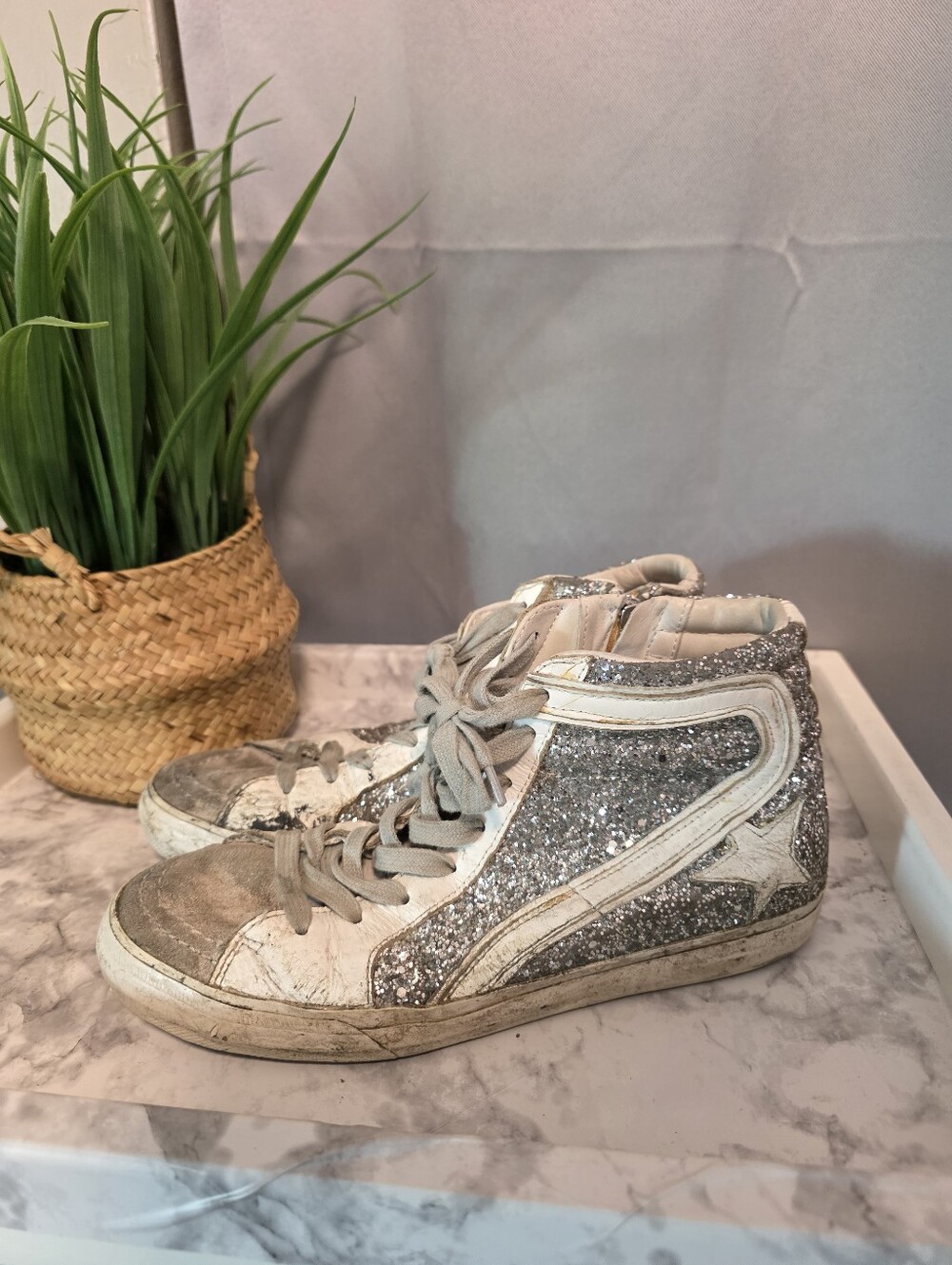 Golden Goose "Slide" Silver Glitter High-Top Sneakers Size 37 U.S. Size 7